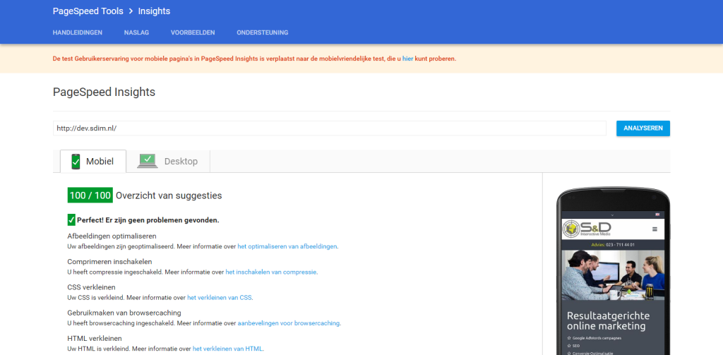 Pagespeed score 100 op mobiel