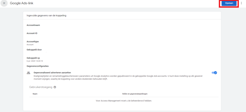 Koppeling Google Ads en Google Analytics opslaan