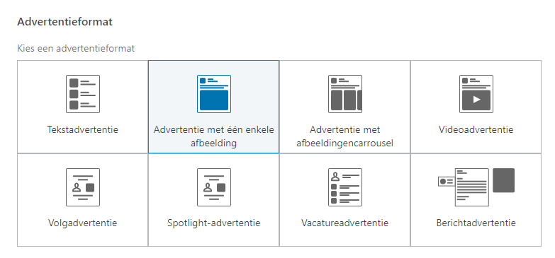 De verschillende advertentieformats in de nieuwe interface van Social Advertising binnen LinkedIn