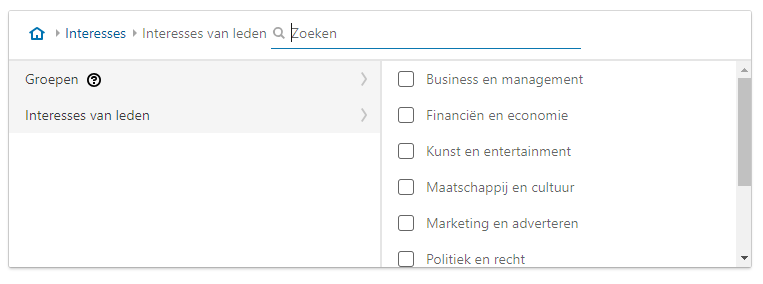 Screenshot van interessetargeting binnen Social Advertising op LinkedIn