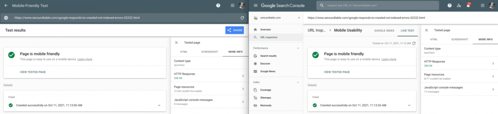Google Search Console matcht met URL Inspection Tool