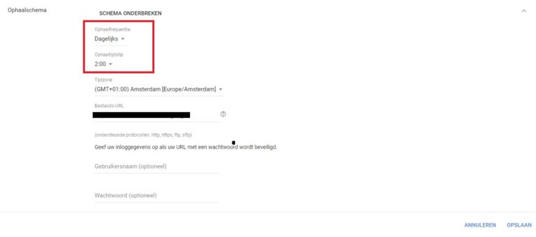 Google Merchant Center ophaalschema feed