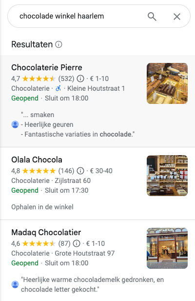 Voorbeeld Google Maps vermeldingen